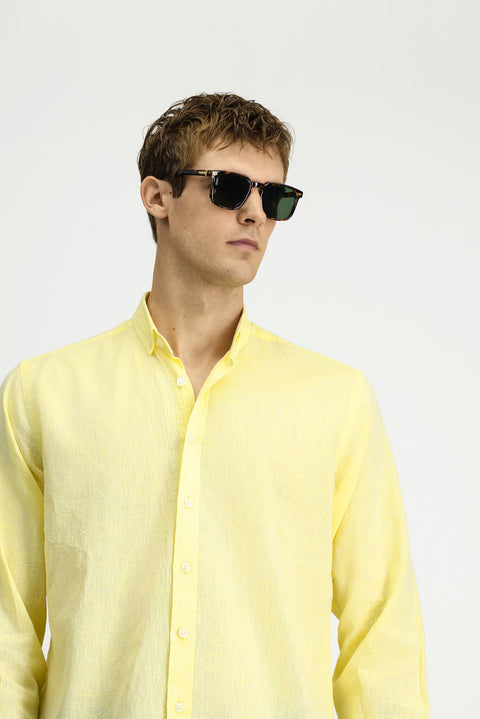 Sarı Uzun Kol Regular Fit Düğmeli Yaka Pamuklu Keten Gömlek