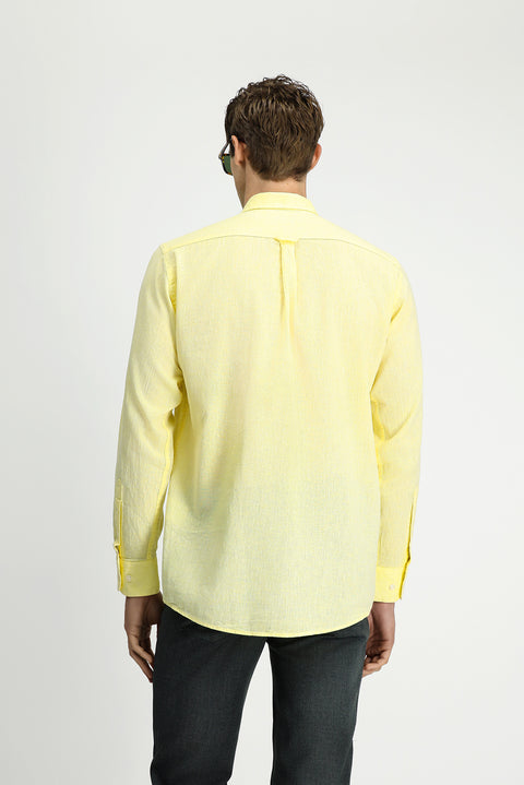 Sarı Uzun Kol Regular Fit Düğmeli Yaka Pamuklu Keten Gömlek