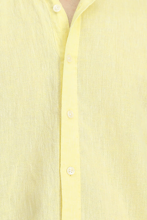 Sarı Uzun Kol Regular Fit Düğmeli Yaka Pamuklu Keten Gömlek