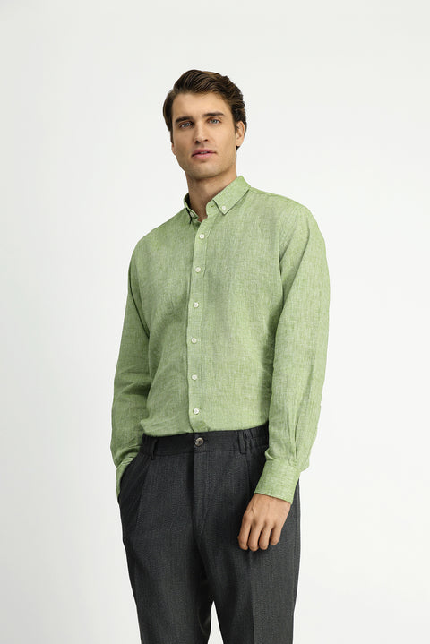 Koyu Yeşil Uzun Kol Regular Fit Düğmeli Yaka Pamuklu Keten Gömlek