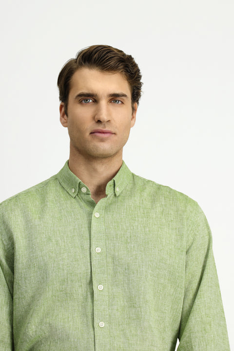 Koyu Yeşil Uzun Kol Regular Fit Düğmeli Yaka Pamuklu Keten Gömlek