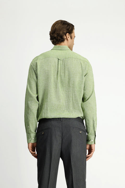 Koyu Yeşil Uzun Kol Regular Fit Düğmeli Yaka Pamuklu Keten Gömlek