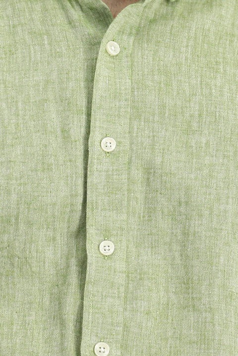 Koyu Yeşil Uzun Kol Regular Fit Düğmeli Yaka Pamuklu Keten Gömlek