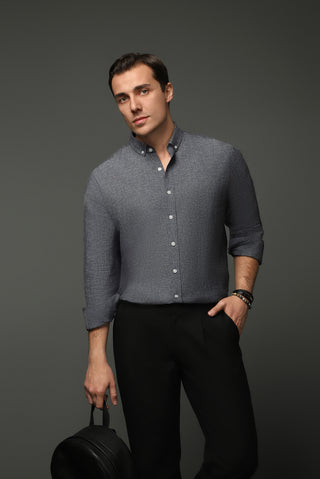  Orta Antrasit Uzun Kol Regular Fit Düğmeli Yaka Pamuklu Keten Gömlek