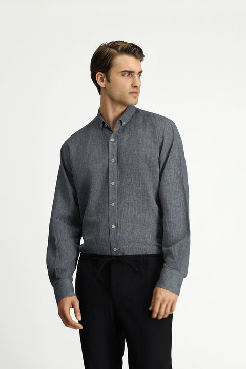 Medium Anthracite Long Sleeve Regular Fit Button-Down Collar Cotton Linen Shirt