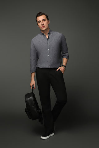  Orta Antrasit Uzun Kol Regular Fit Düğmeli Yaka Pamuklu Keten Gömlek