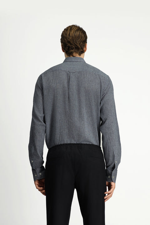 Medium Anthracite Long Sleeve Regular Fit Button-Down Collar Cotton Linen Shirt