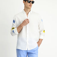 Beyaz Uzun Kol Regular Fit Desenli Keten Gömlek