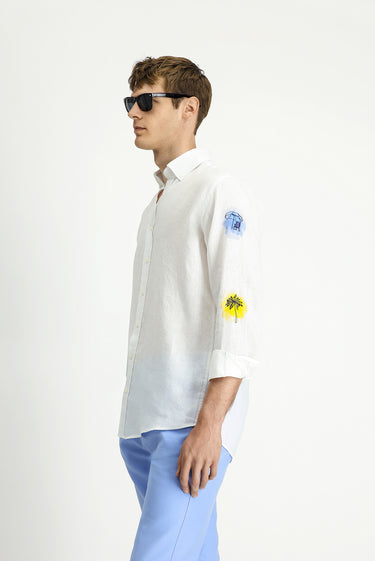 Beyaz Uzun Kol Regular Fit Desenli Keten Gömlek