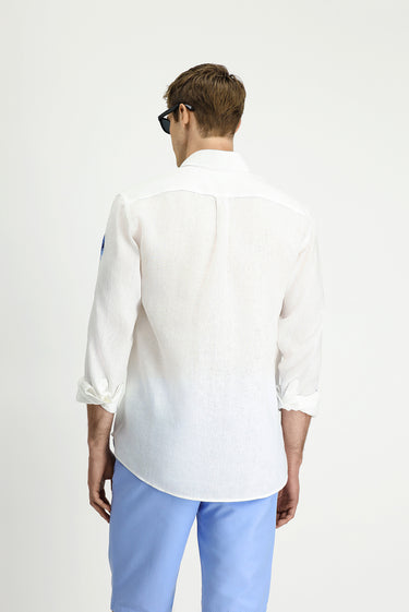 Beyaz Uzun Kol Regular Fit Desenli Keten Gömlek