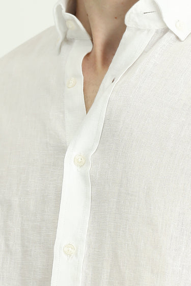 Beyaz Uzun Kol Regular Fit Desenli Keten Gömlek
