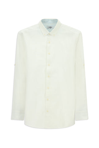  Beyaz Uzun Kol Regular Fit Düğmeli Yaka Keten Gömlek