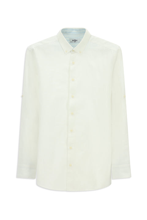 Beyaz Uzun Kol Regular Fit Düğmeli Yaka Keten Gömlek