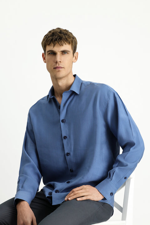 Açık Lacivert Uzun Kol Oversize Lyocell Karışımlı Gömlek