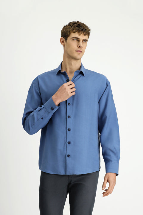 Açık Lacivert Uzun Kol Oversize Lyocell Karışımlı Gömlek