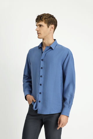  Açık Lacivert Uzun Kol Oversize Lyocell Karışımlı Gömlek