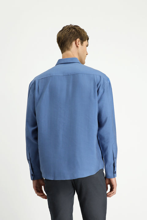 Açık Lacivert Uzun Kol Oversize Lyocell Karışımlı Gömlek