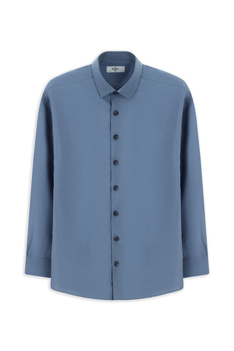 Açık Lacivert Uzun Kol Oversize Lyocell Karışımlı Gömlek