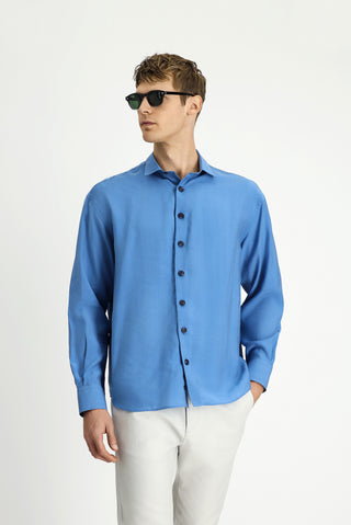  Mavi Uzun Kol Oversize Lyocell Kar???ml? Gömlek-Ki??l?