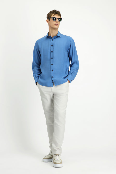 Mavi Uzun Kol Oversize Lyocell Karışımlı Gömlek