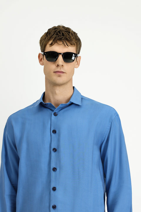 Mavi Uzun Kol Oversize Lyocell Karışımlı Gömlek