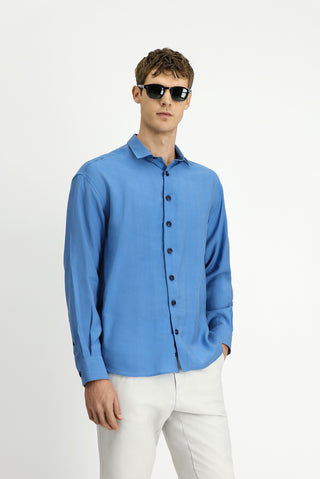  Mavi Uzun Kol Oversize Lyocell Kar???ml? Gömlek-Ki??l?