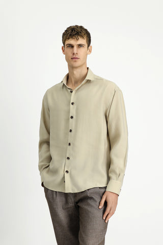  Açık Bej Uzun Kol Oversize Lyocell Karışımlı Gömlek