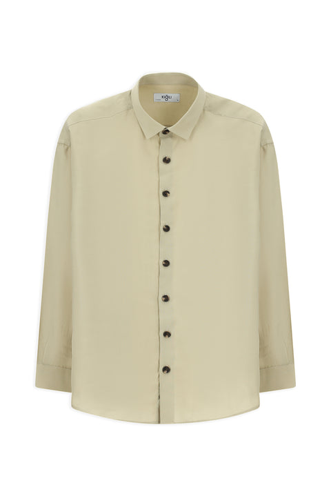 Açık Bej Uzun Kol Oversize Lyocell Karışımlı Gömlek