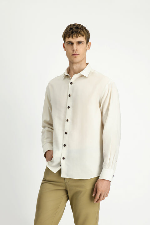 Ekru Uzun Kol Oversize Lyocell Karışımlı Gömlek