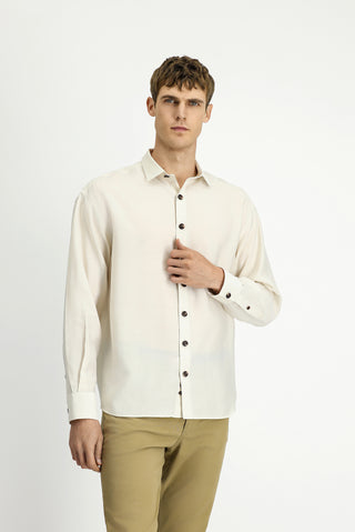  Ekru Uzun Kol Oversize Lyocell Karışımlı Gömlek