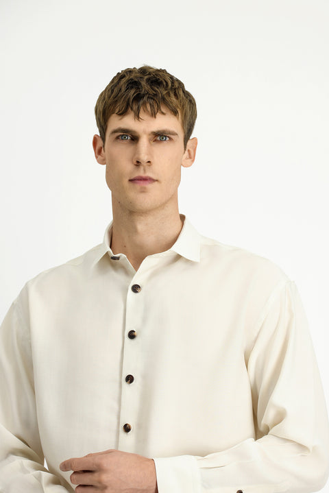 Ekru Uzun Kol Oversize Lyocell Karışımlı Gömlek