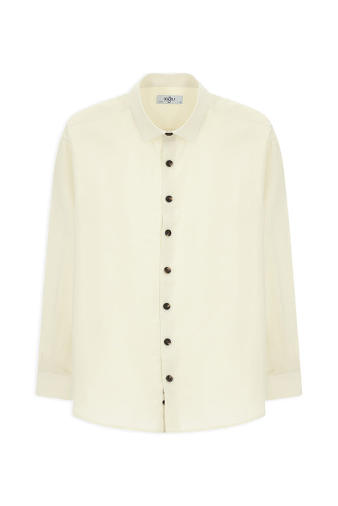 Ekru Uzun Kol Oversize Lyocell Karışımlı Gömlek