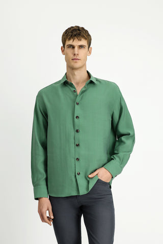  Orman Yeşili Uzun Kol Oversize Lyocell Karışımlı Gömlek