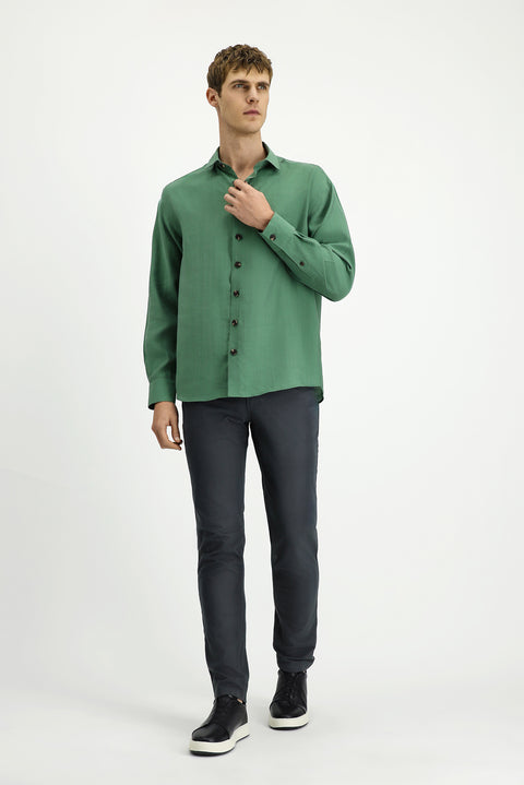 Orman Yeşili Uzun Kol Oversize Lyocell Karışımlı Gömlek