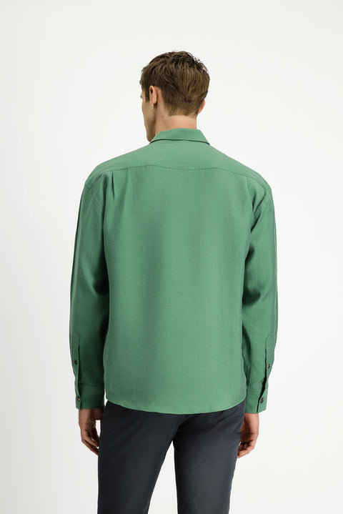 Orman Yeşili Uzun Kol Oversize Lyocell Karışımlı Gömlek
