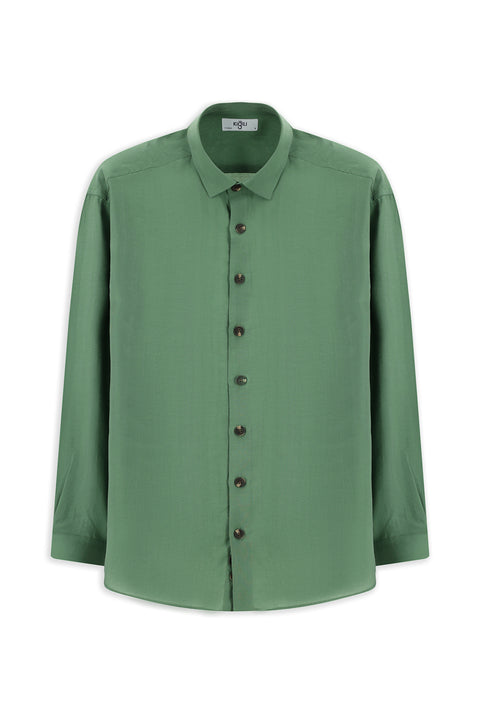 Orman Yeşili Uzun Kol Oversize Lyocell Karışımlı Gömlek