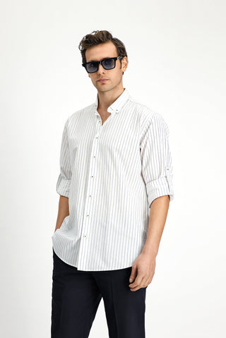  Beyaz-Lacivert Uzun Kol Regular Fit Çizgili Spor Düğmeli Yaka Pamuk Gömlek