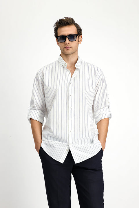 Beyaz-Lacivert Uzun Kol Regular Fit Çizgili Spor Düğmeli Yaka Pamuk Gömlek