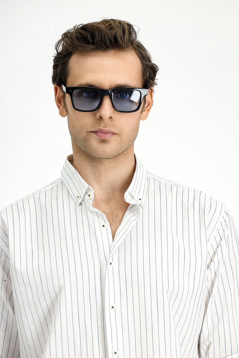 Beyaz-Lacivert Uzun Kol Regular Fit Çizgili Spor Düğmeli Yaka Pamuk Gömlek