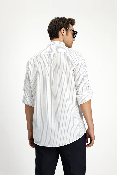 Beyaz-Lacivert Uzun Kol Regular Fit Çizgili Spor Düğmeli Yaka Pamuk Gömlek