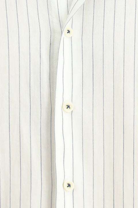Beyaz-Lacivert Uzun Kol Regular Fit Çizgili Spor Düğmeli Yaka Pamuk Gömlek