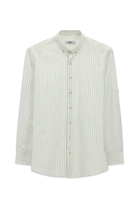 Beyaz-Lacivert Uzun Kol Regular Fit Çizgili Spor Düğmeli Yaka Pamuk Gömlek