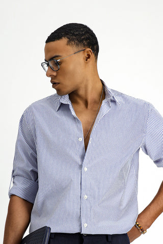  Mavi Uzun Kol Regular Fit Çizgili Pamuklu Kolay Ütülenebilir Gömlek