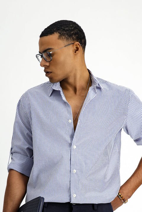 Blue Long Sleeve Regular Fit Striped Cotton Easy-Iron Shirt