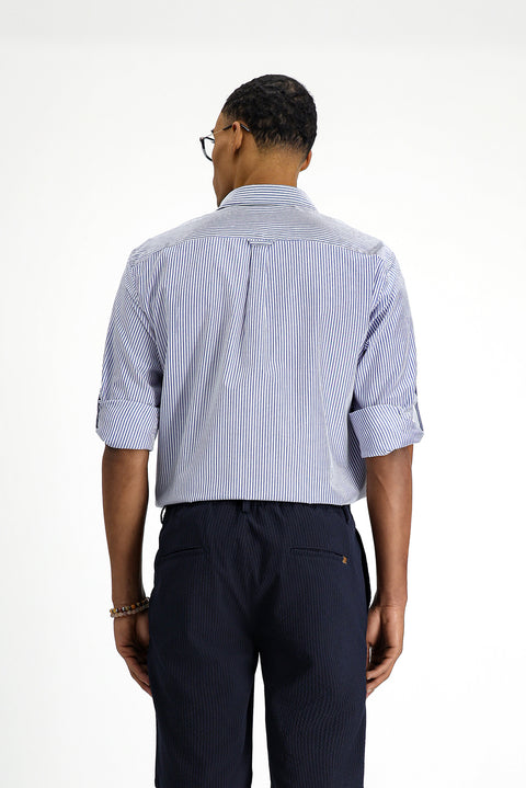 Blue Long Sleeve Regular Fit Striped Cotton Easy-Iron Shirt
