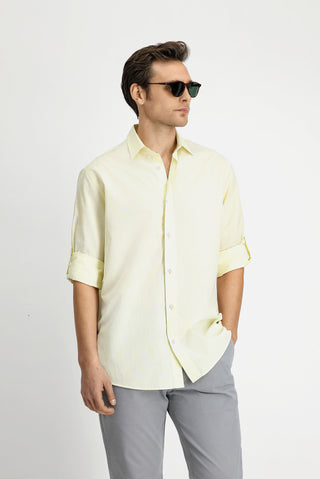  Aç?k Sar? Uzun Kol Regular Fit Çizgili Pamuklu Kolay Ütülenebilir Gömlek-Ki??l?