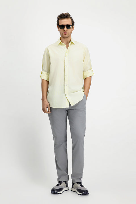 Açık Sarı Uzun Kol Regular Fit Çizgili Pamuklu Kolay Ütülenebilir Gömlek