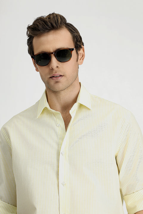 Açık Sarı Uzun Kol Regular Fit Çizgili Pamuklu Kolay Ütülenebilir Gömlek