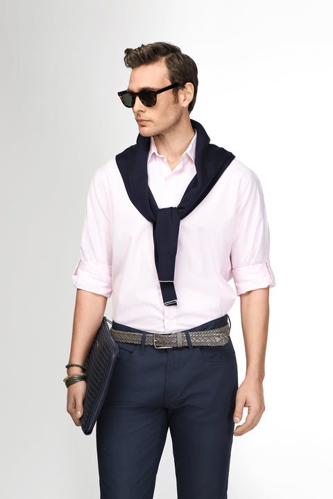 Toz Pembe Uzun Kol Regular Fit Çizgili Pamuklu Kolay Ütülenebilir Gömlek