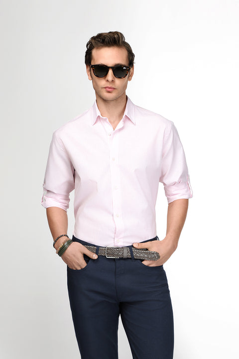 Toz Pembe Uzun Kol Regular Fit Çizgili Pamuklu Kolay Ütülenebilir Gömlek